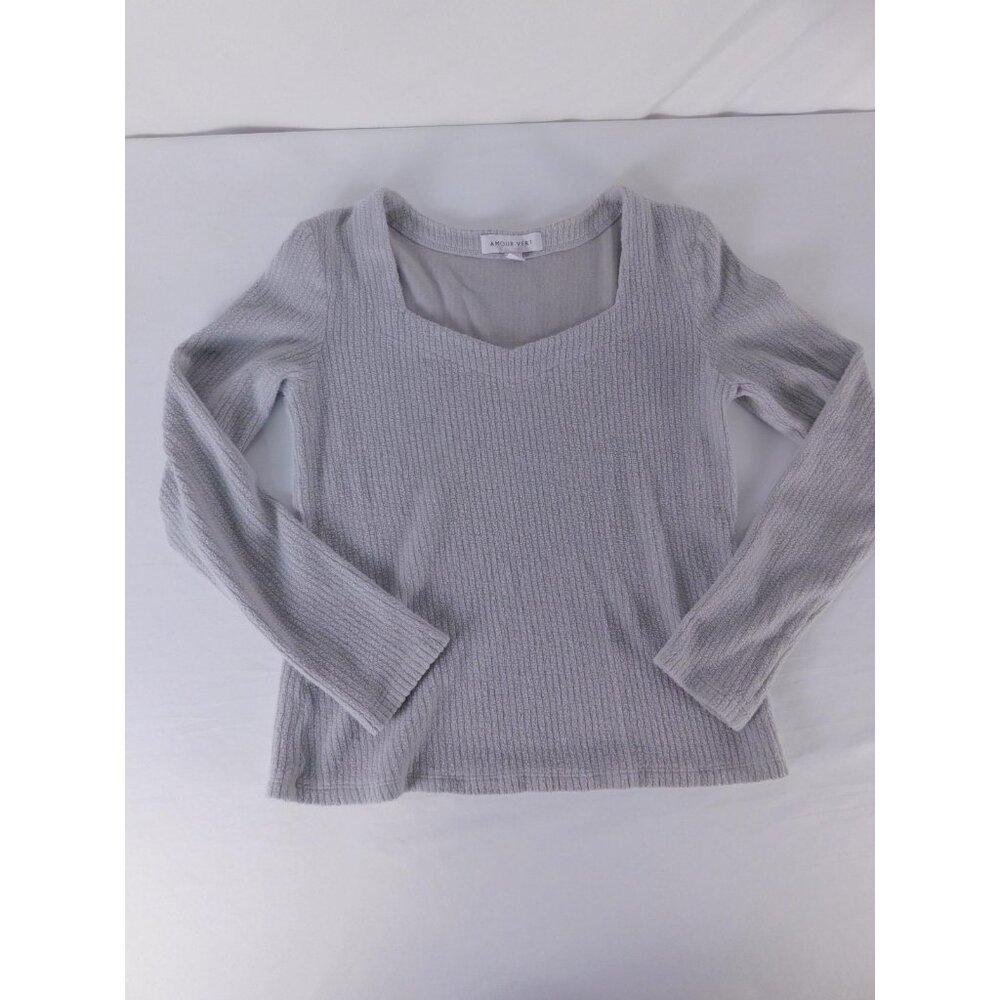 Amour Vert Sweater Womens S Gray V-Neck Pullover Lightweight Chunky-Knit